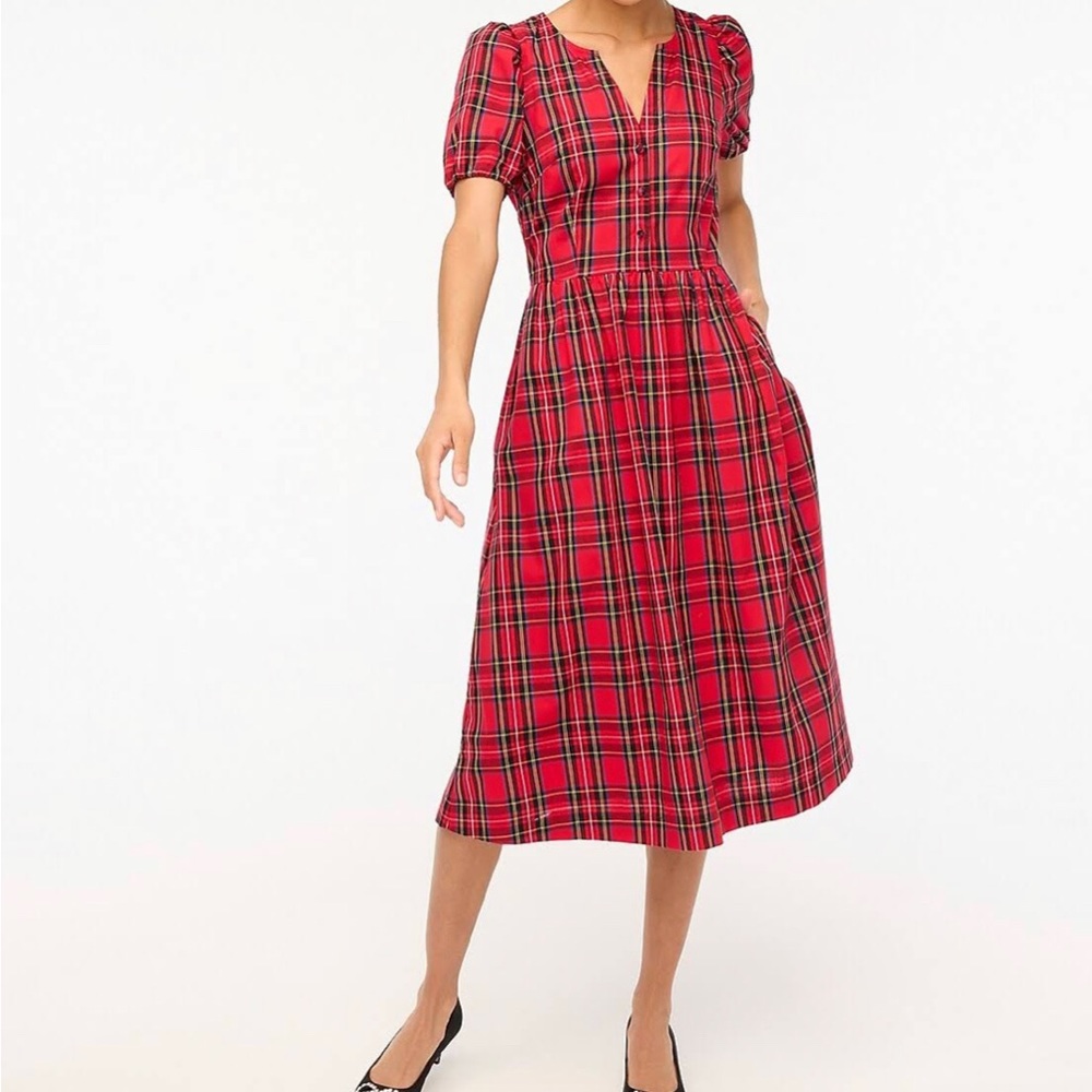 Tartan puff-sleeve cotton poplin dress